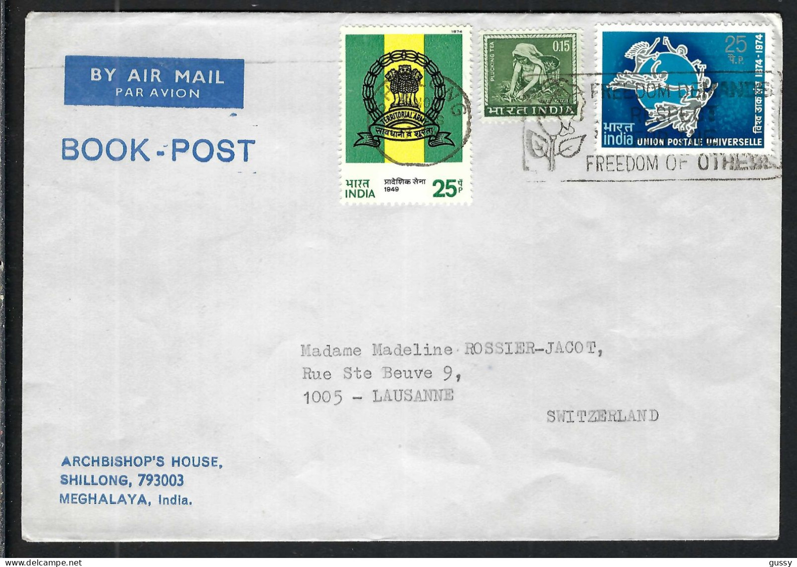 INDE P.A. Ca. 1970-80: LSC De Shillong Pour Lausanne (VD,Suisse) - Posta Aerea