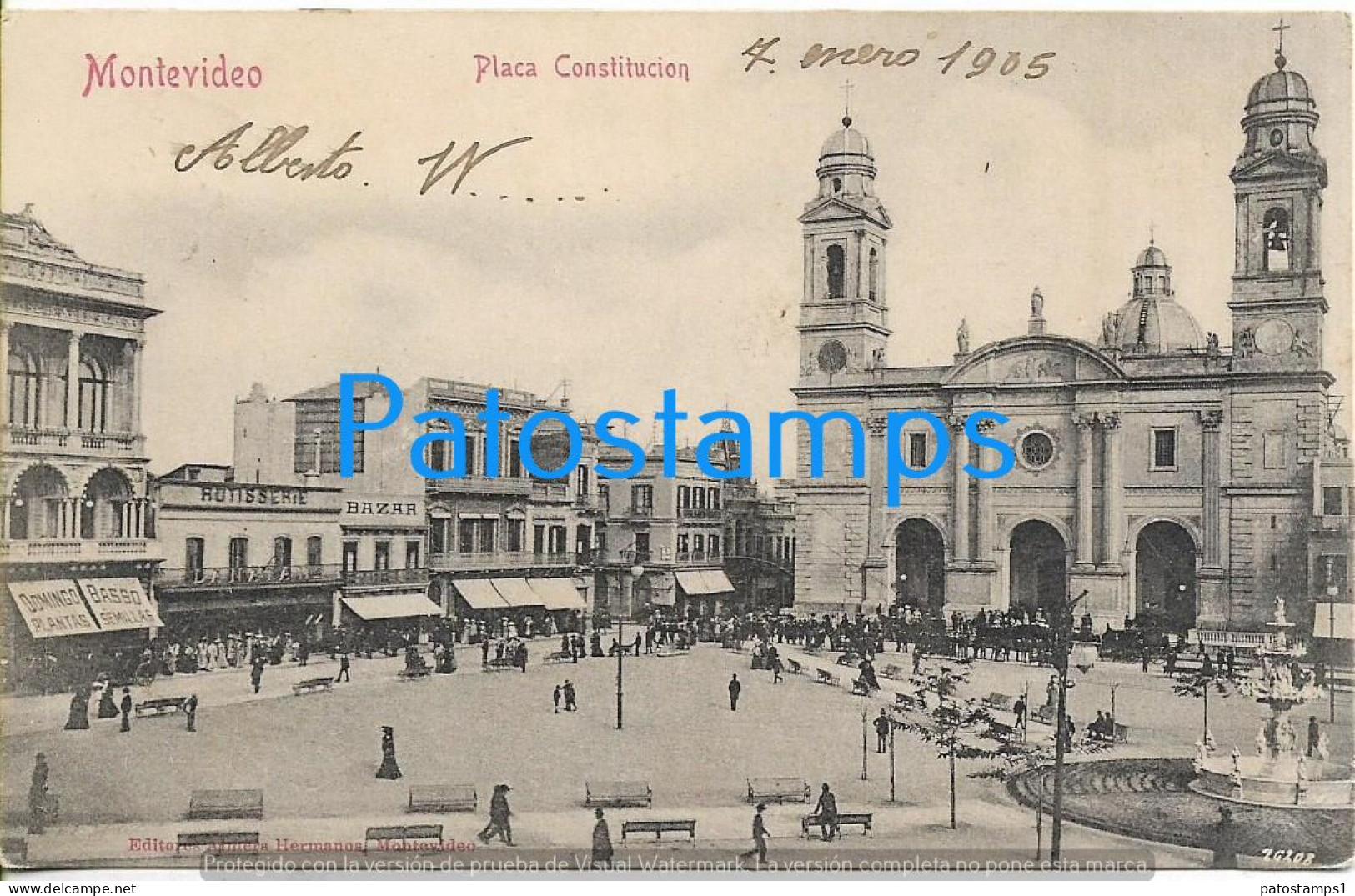 212135 URUGUAY MONTEVIDEO SQUARE PLAZA CONSTITUCION & CHURCH CIRCULATED TO ARGENTINA POSTAL POSTCARD - Uruguay