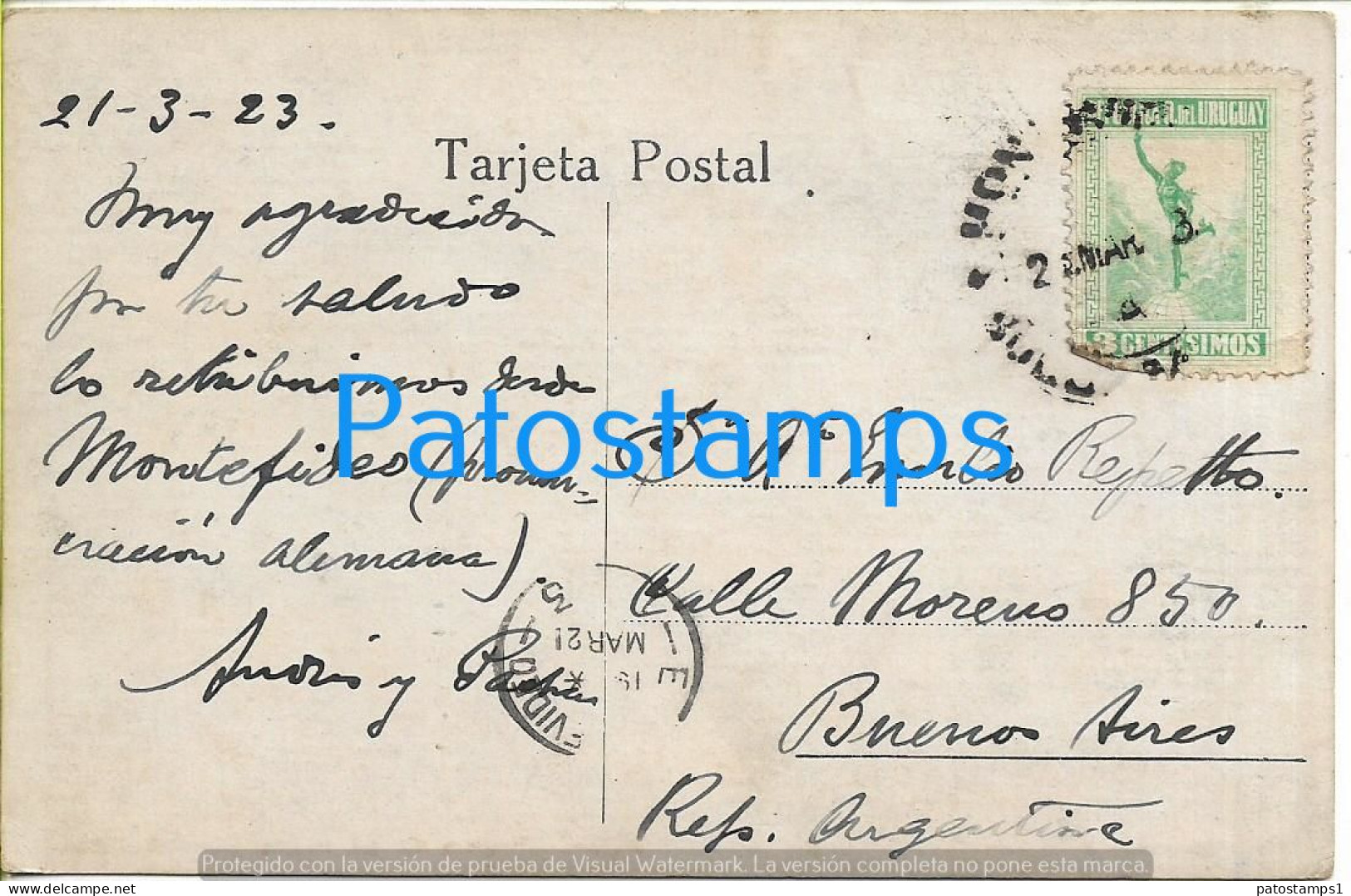 212137 URUGUAY MONTEVIDEO SQUARE PLAZA CONSTITUCION & FUENTE SOURCE CIRCULATED TO ARGENTINA POSTAL POSTCARD - Uruguay