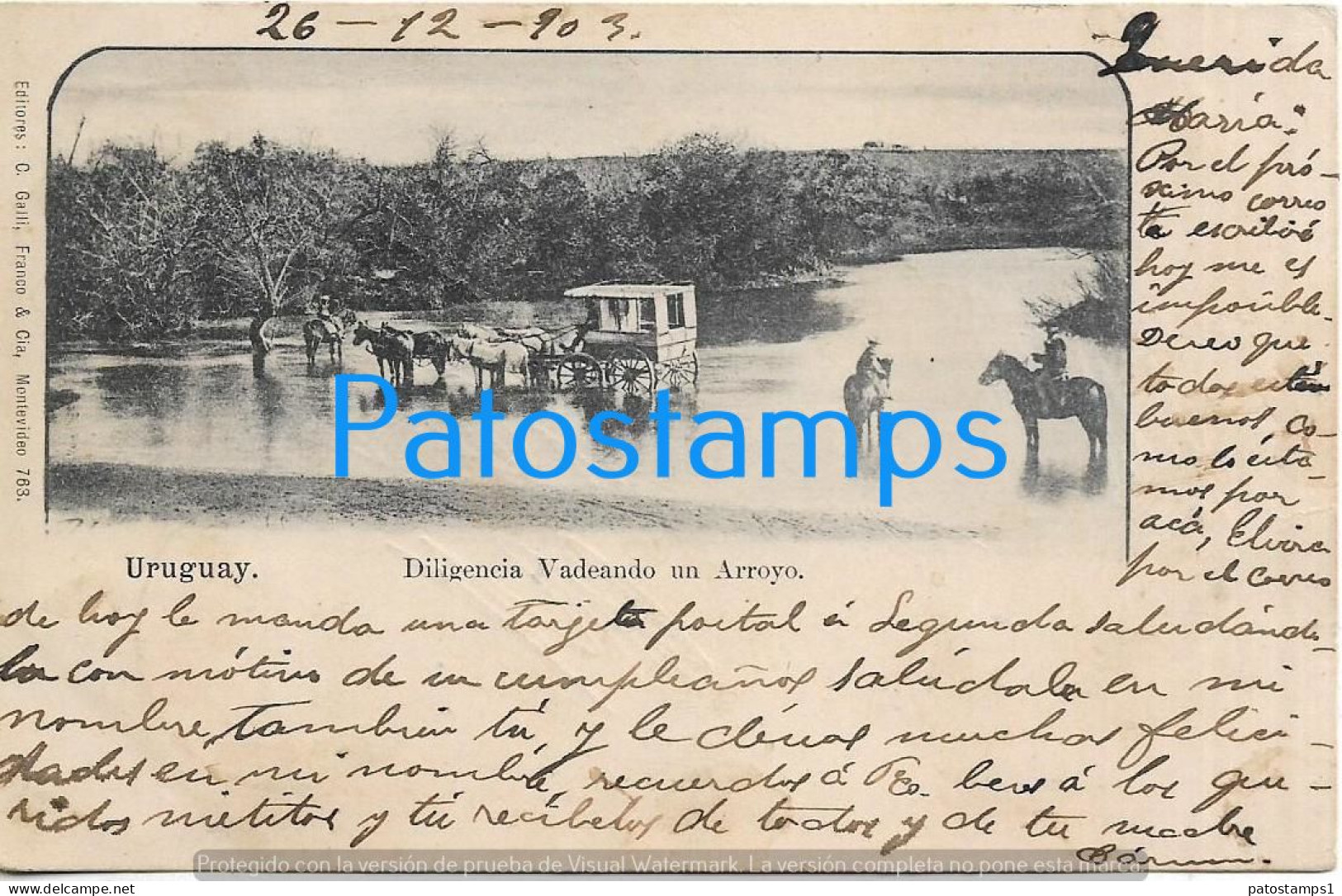 212138 URUGUAY COSTUMES DILIGENCIA VADEANDO UN ARROYO CARRIAGE A HORSE CIRCULATED TO SALTO POSTAL POSTCARD - Uruguay