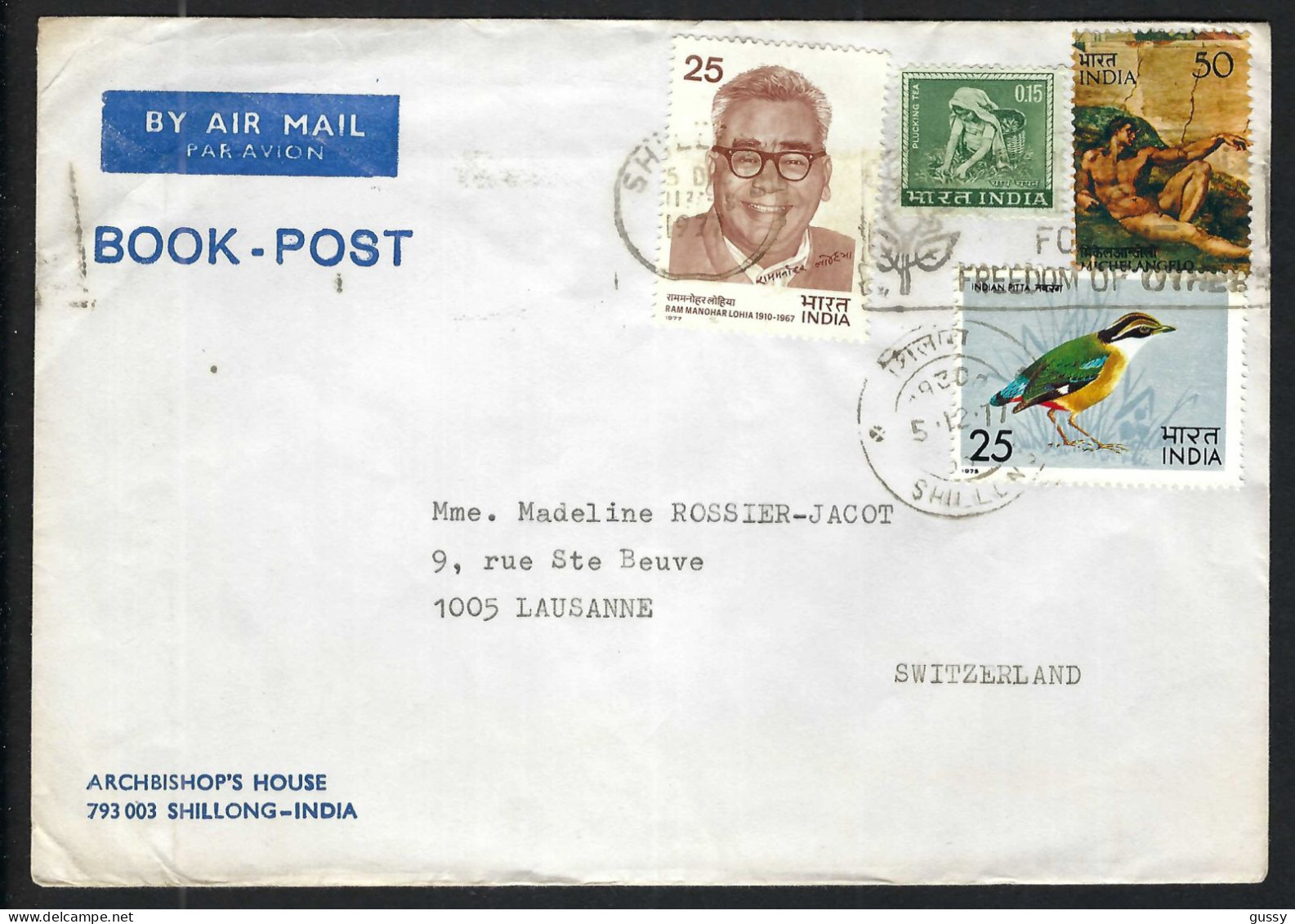 INDE P.A. Ca. 1970-80: LSC De Shillong Pour Lausanne (VD,Suisse) - Poste Aérienne