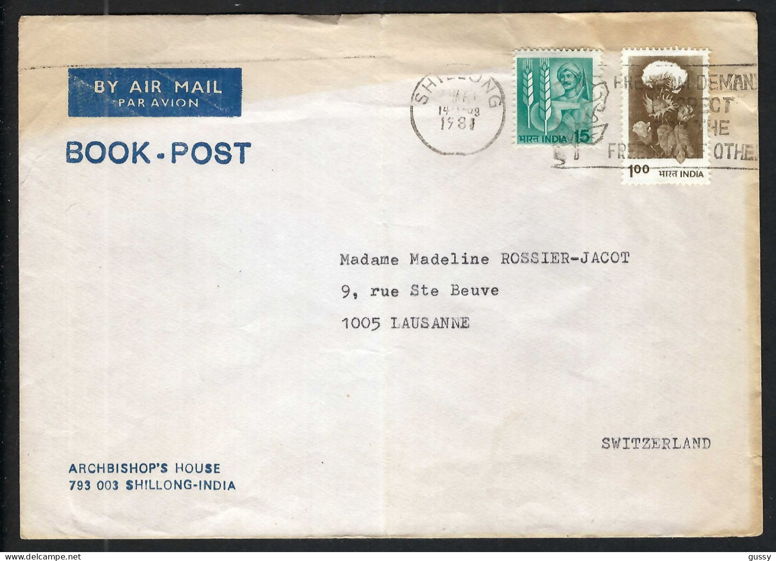 INDE P.A. Ca. 1970-80: LSC De Shillong Pour Lausanne (VD,Suisse) - Poste Aérienne