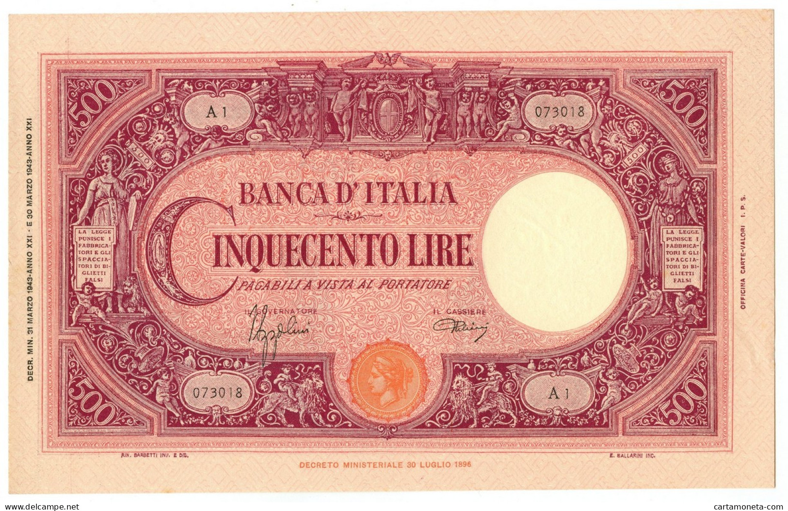 500 LIRE BARBETTI GRANDE C TESTINA FASCIO 31/03/1943 SUP+ - Regno D'Italia – Autres
