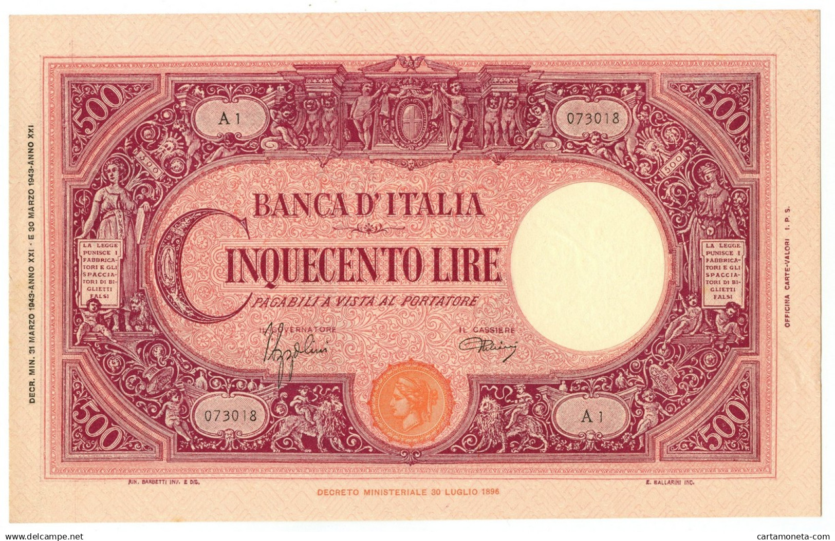 500 LIRE BARBETTI GRANDE C TESTINA FASCIO 31/03/1943 SUP+ - Otros