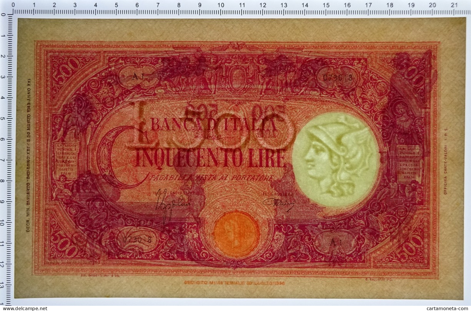 500 LIRE BARBETTI GRANDE C TESTINA FASCIO 31/03/1943 SUP+ - Regno D'Italia – Autres