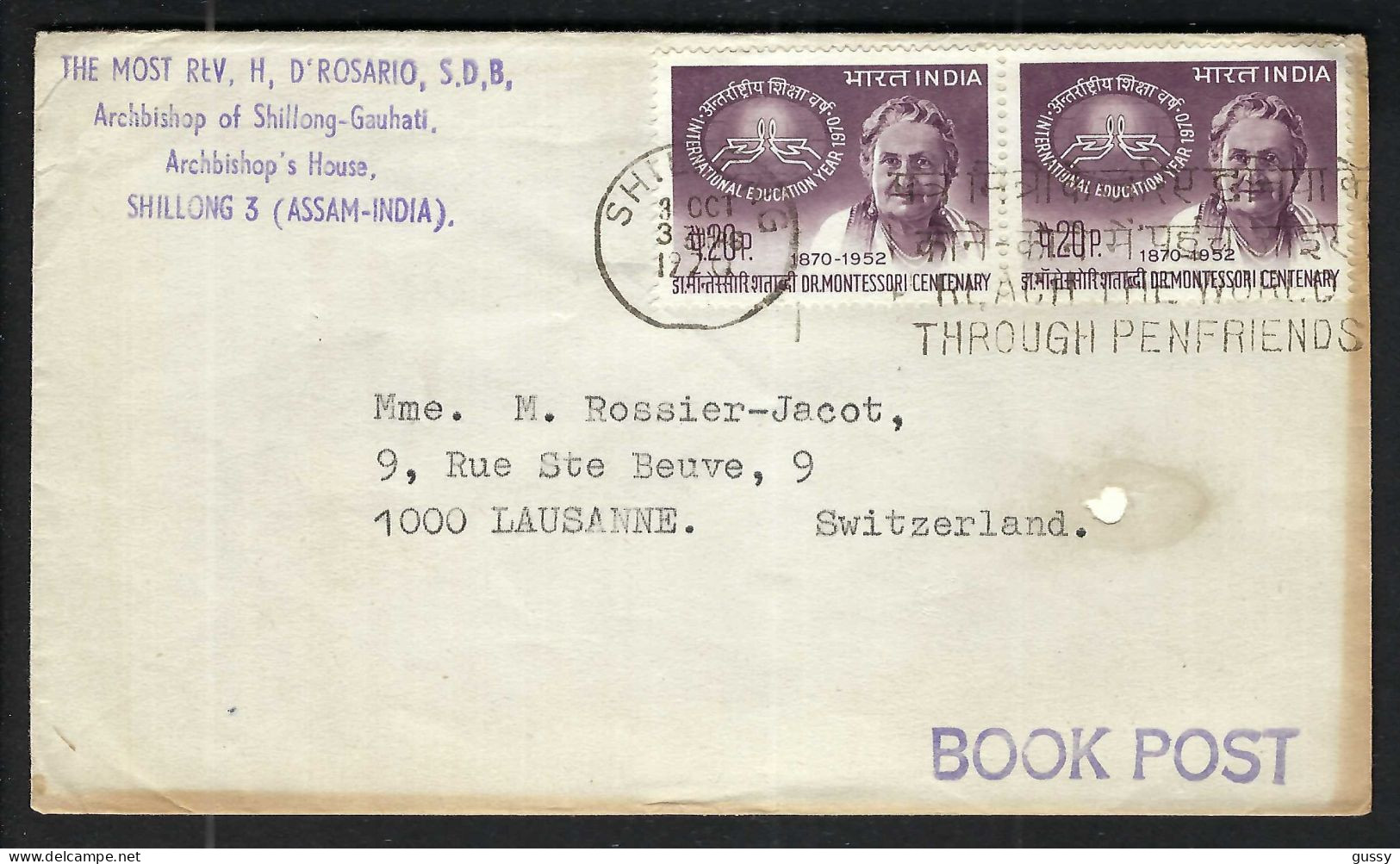 INDE P.A. Ca. 1970-80: LSC De Shillong Pour Lausanne (VD,Suisse) - Airmail