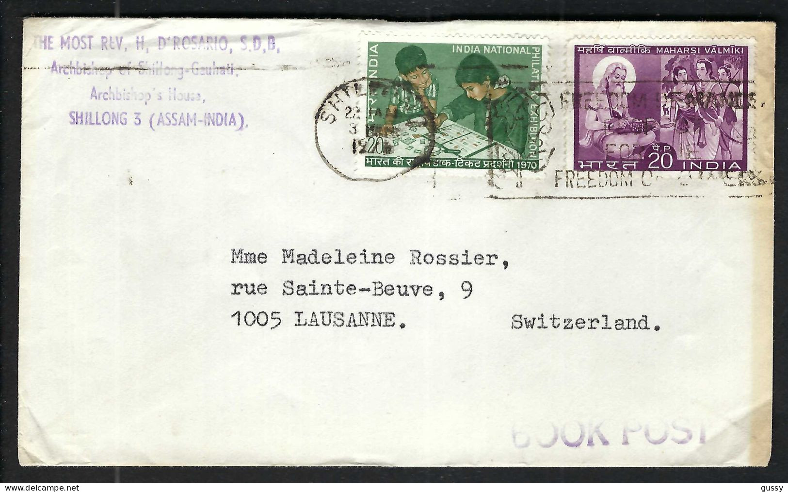 INDE P.A. Ca. 1970-80: LSC De Shillong Pour Lausanne (VD,Suisse) - Poste Aérienne