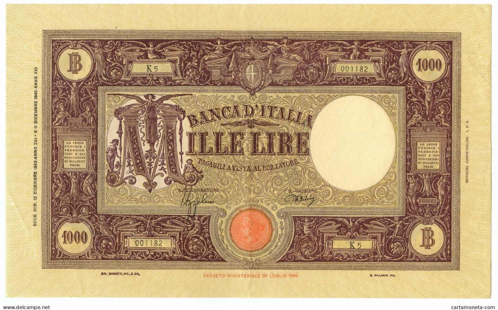 1000 LIRE BARBETTI GRANDE M TESTINA FASCIO II TIPO 12/12/1942 SPL - Regno D'Italia – Other