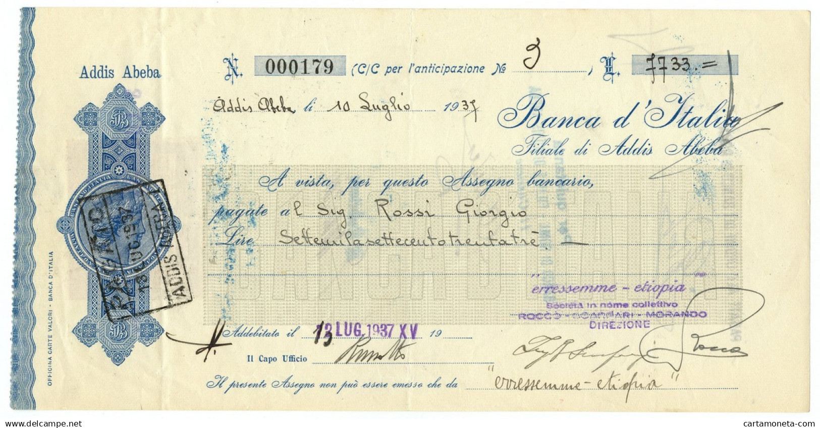 7733 LIRE ASSEGNO BANCA D'ITALIA FILALE ADDIS ABEBA MOD. GRIGIO 10/07/1937 QSPL - Italian East Africa