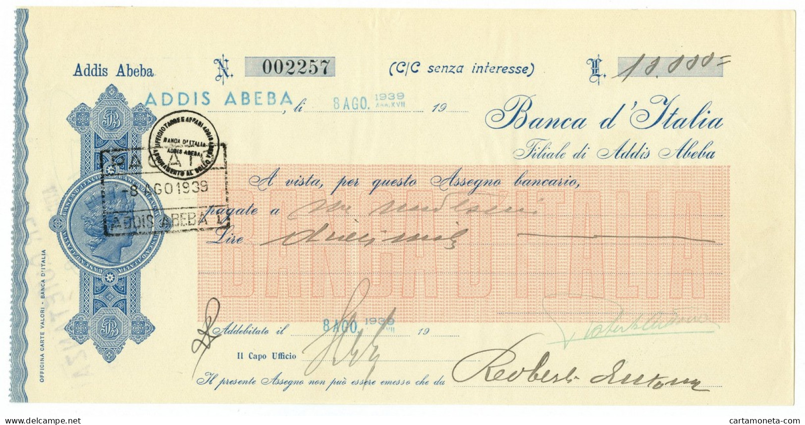 10000 LIRE ASSEGNO BANCA D'ITALIA FILALE ADDIS ABEBA MOD. ROSSO 08/08/1939 SUP - Africa Oriental Italiana