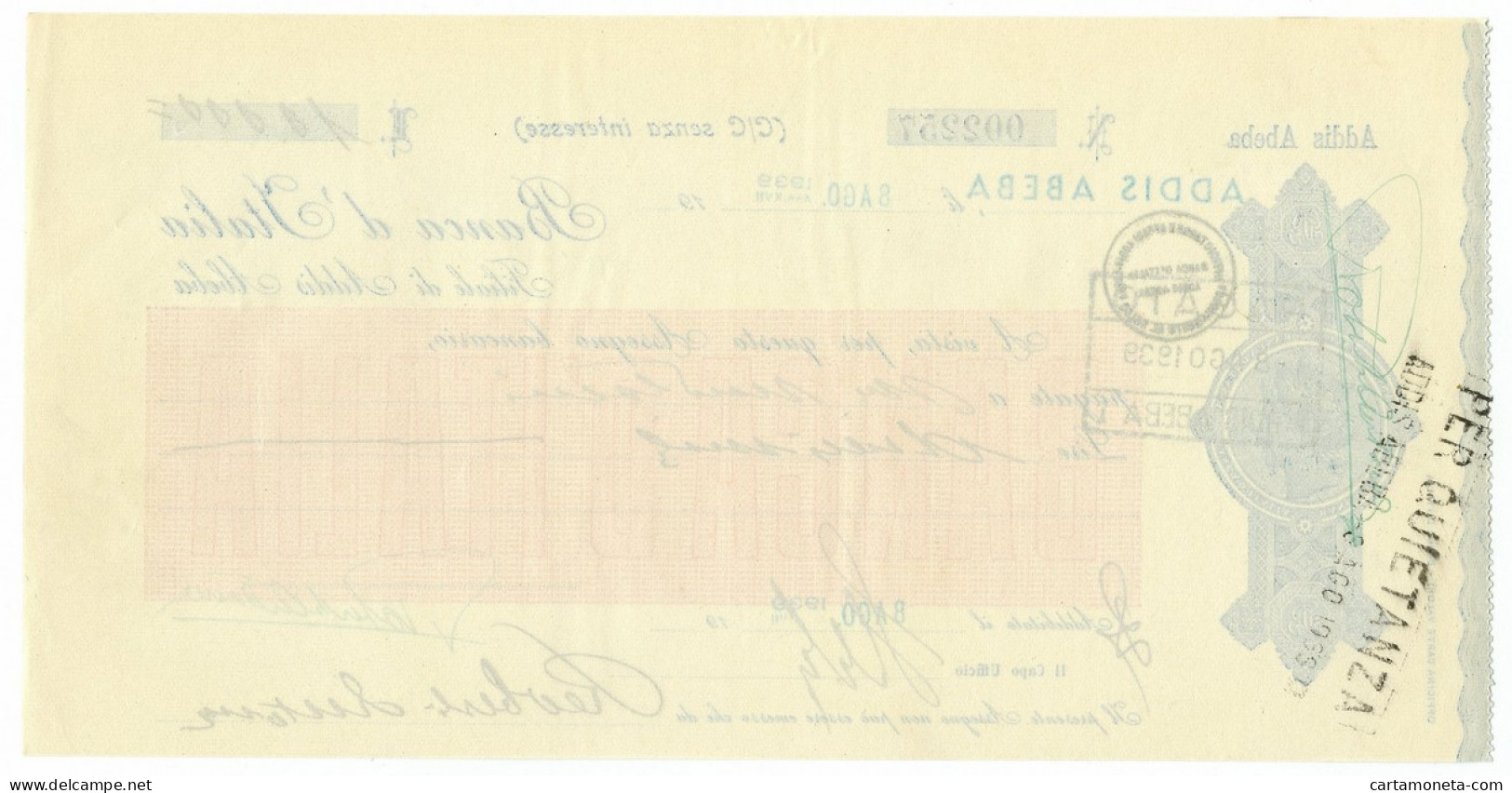 10000 LIRE ASSEGNO BANCA D'ITALIA FILALE ADDIS ABEBA MOD. ROSSO 08/08/1939 SUP - Italienisch Ostafrika