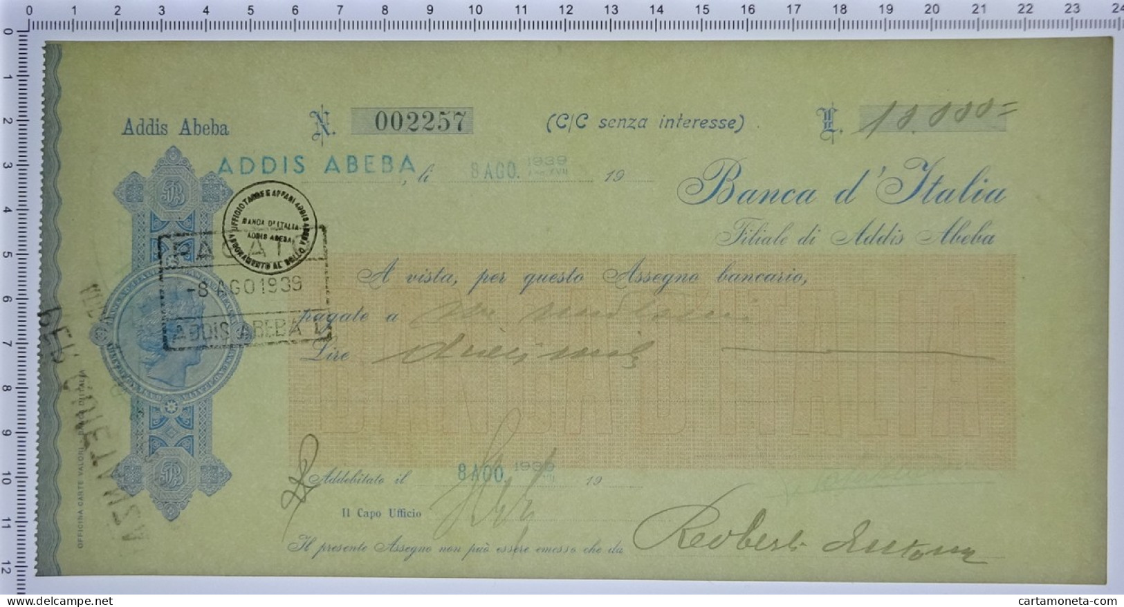 10000 LIRE ASSEGNO BANCA D'ITALIA FILALE ADDIS ABEBA MOD. ROSSO 08/08/1939 SUP - Africa Oriental Italiana