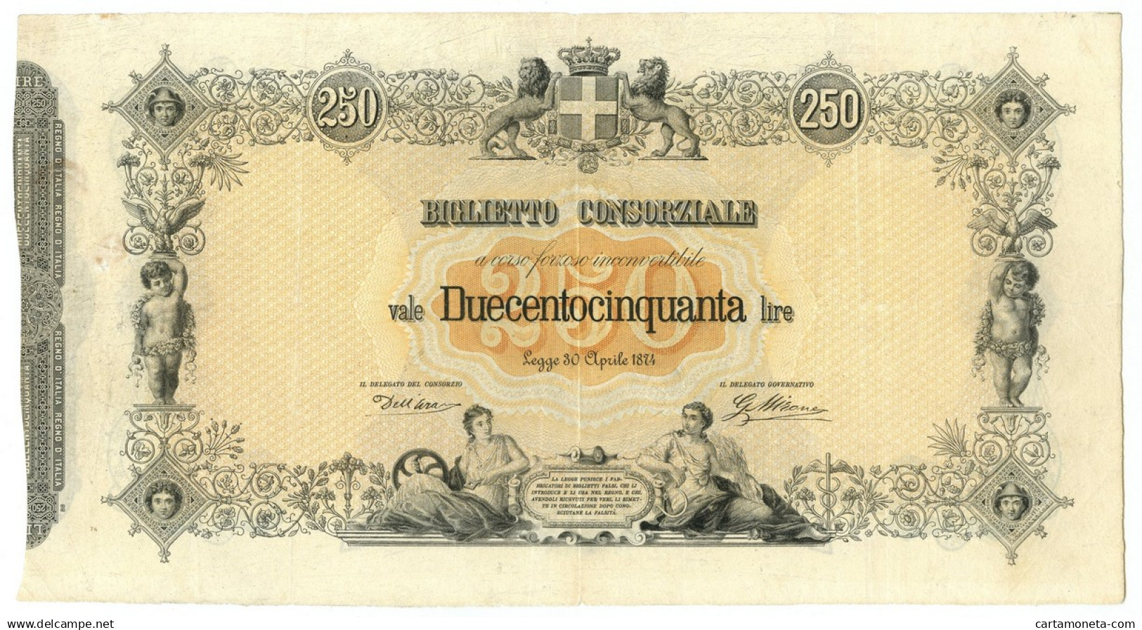 250 LIRE BIGLIETTO CONSORZIALE REGNO D'ITALIA 30/04/1874 BB/BB+ - Biglietti Consorziale