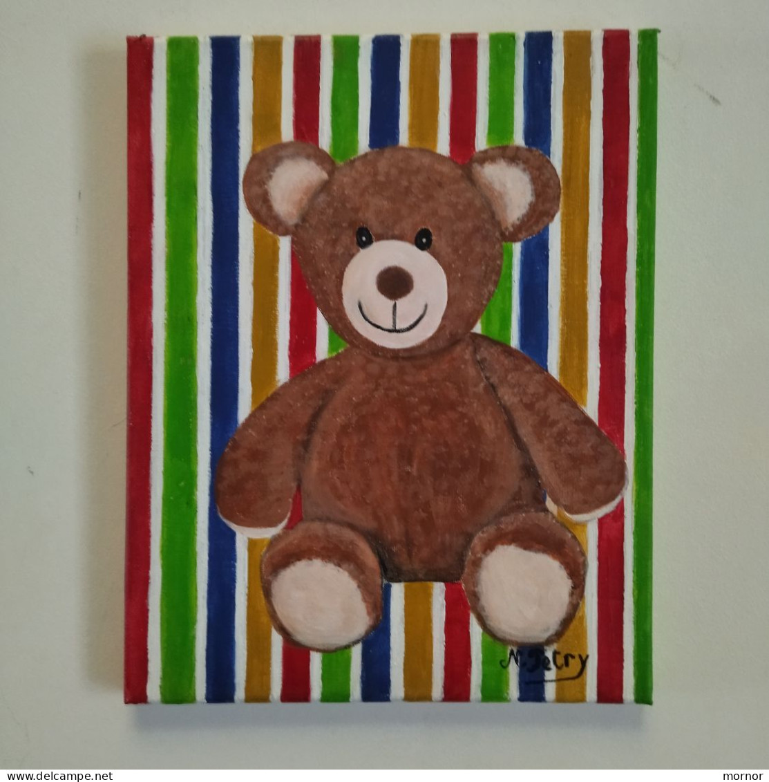 TABLEAU NOUNOURS OURS OURSON Peluche Peinture Acrylique Sur Toile Signé N.Petry - Acrilici