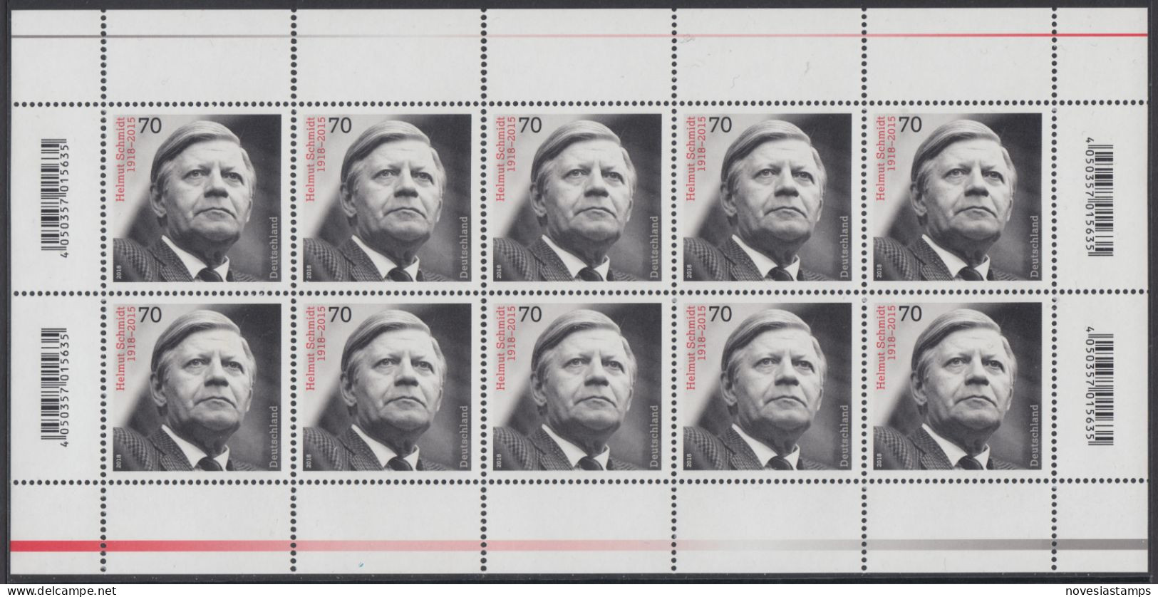 !a! GERMANY 2018 Mi. 3429 MNH SHEET(10) - Helmut Schmidt, Federal Chancellor - 2011-2020