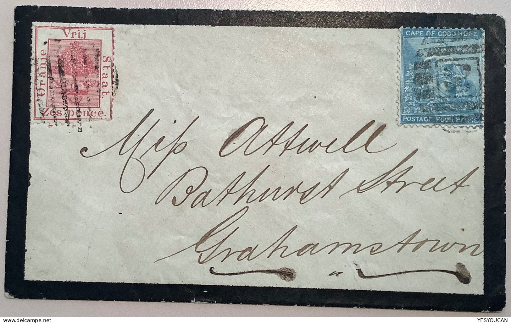 COGH + OFS MIXED FRANKING 1870’s Rare Mourning Cover>Grahamstown (South Africa Cape Of Good Hope Orange Free State - Capo Di Buona Speranza (1853-1904)