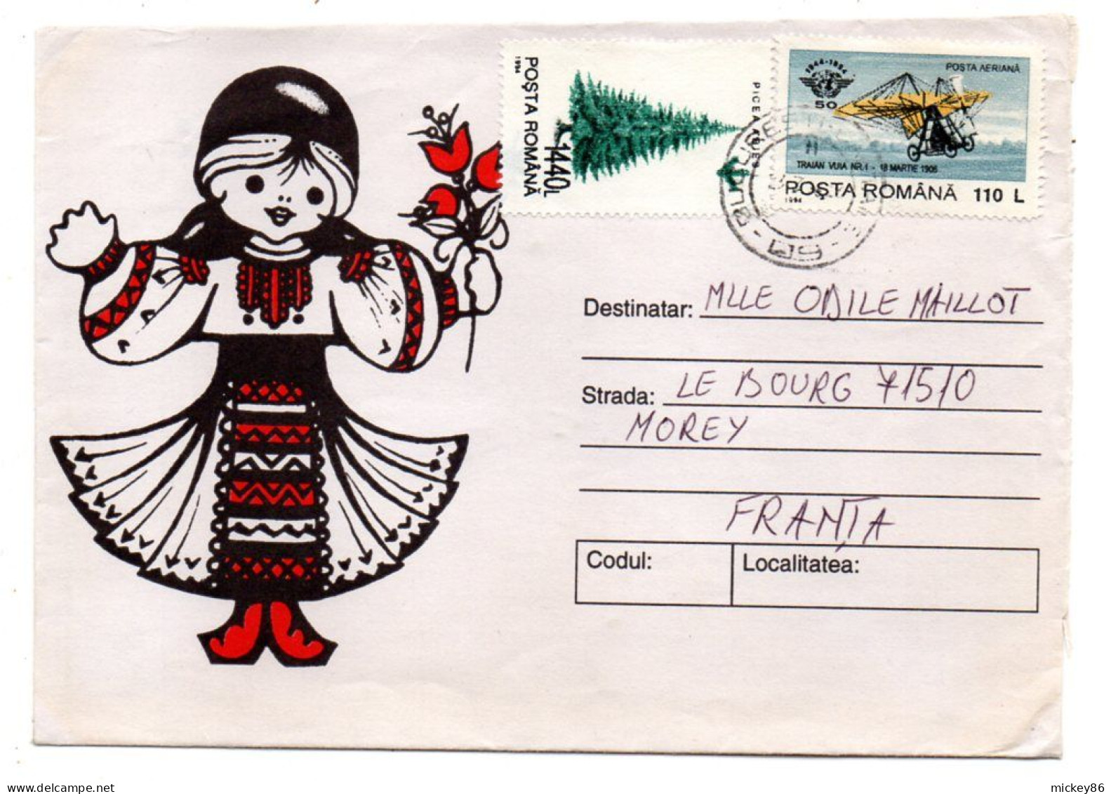 Roumanie --1994--Roumanie  Pour MOREY--71  (France)--composition De Timbres (avion) ....cachet - Covers & Documents