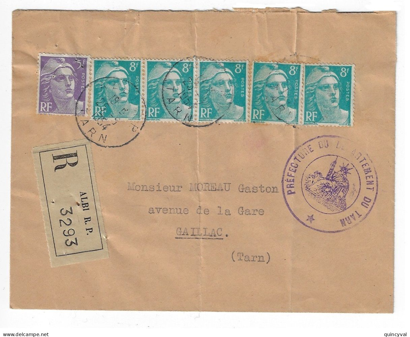 ALBI R. P. Tarn Lettre Recommandée Préfecture Gandon 8 F Emeraude 5 F Violet Yv 883 810 Ob 25 5 1954 - Briefe U. Dokumente