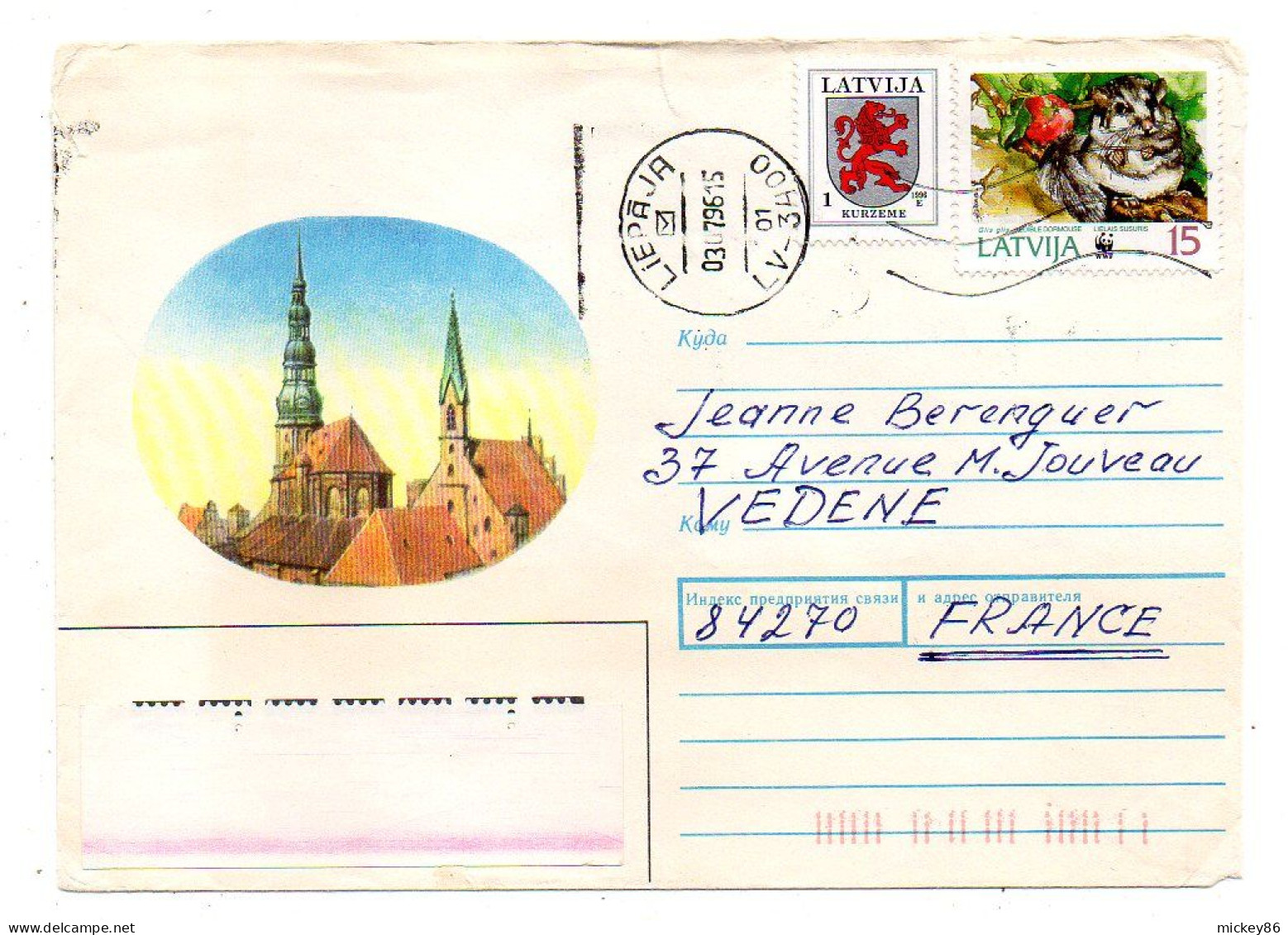 Lettonie---1996 --LIEPAJA  Pour VEDENE --84  (France)-- Timbres Divers Animal, Blason ......cachet - Latvia