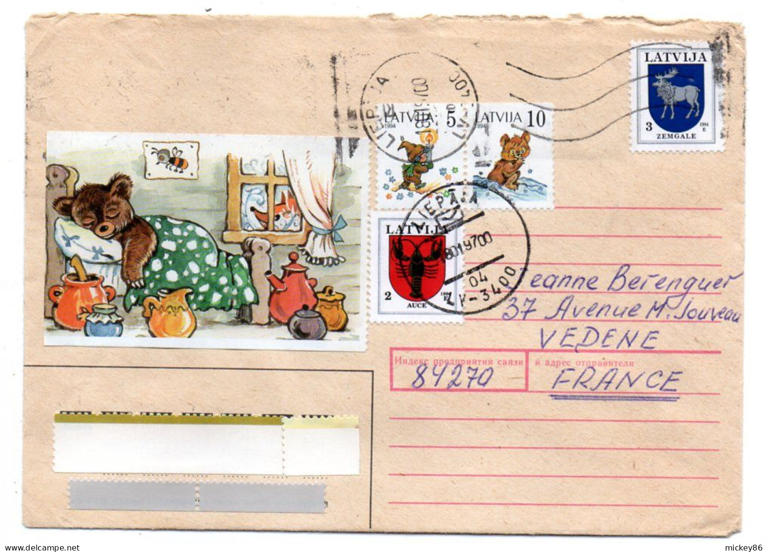 Lettonie---1997 --LIEPAJA  Pour VEDENE --84  (France)-- Timbres Divers  Blason,ours En Peluche ......cachet - Letland