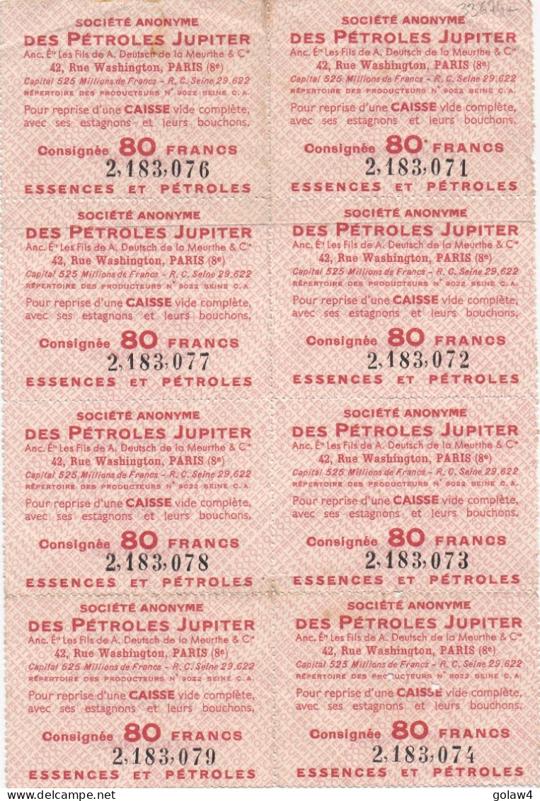 33674# PETROLES JUPITER PARIS REPRISE CAISSE VIDE ESTAGNONS BOUCHONS CONSIGNEE 80 FRANCS ESSENCES - Oil