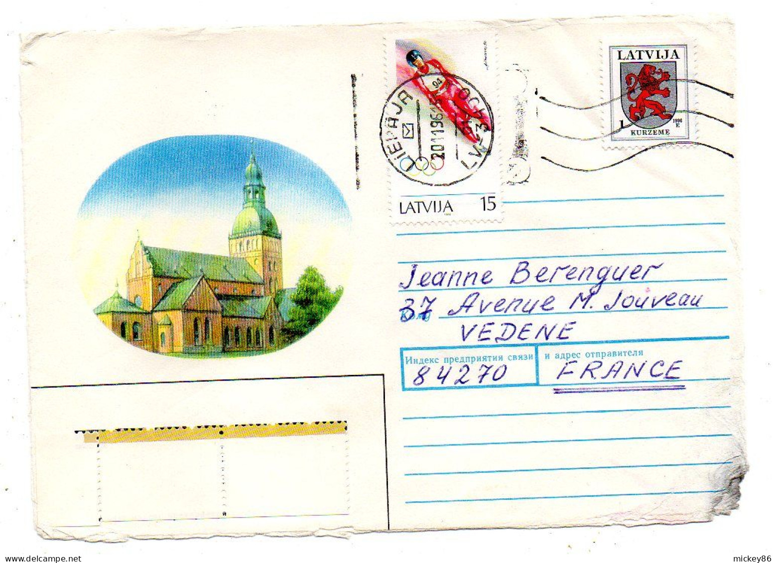 Lettonie---1996 --LIEPAJA  Pour VEDENE --84  (France)-- Timbres  Blason, Luge JO ......cachet - Lettonia