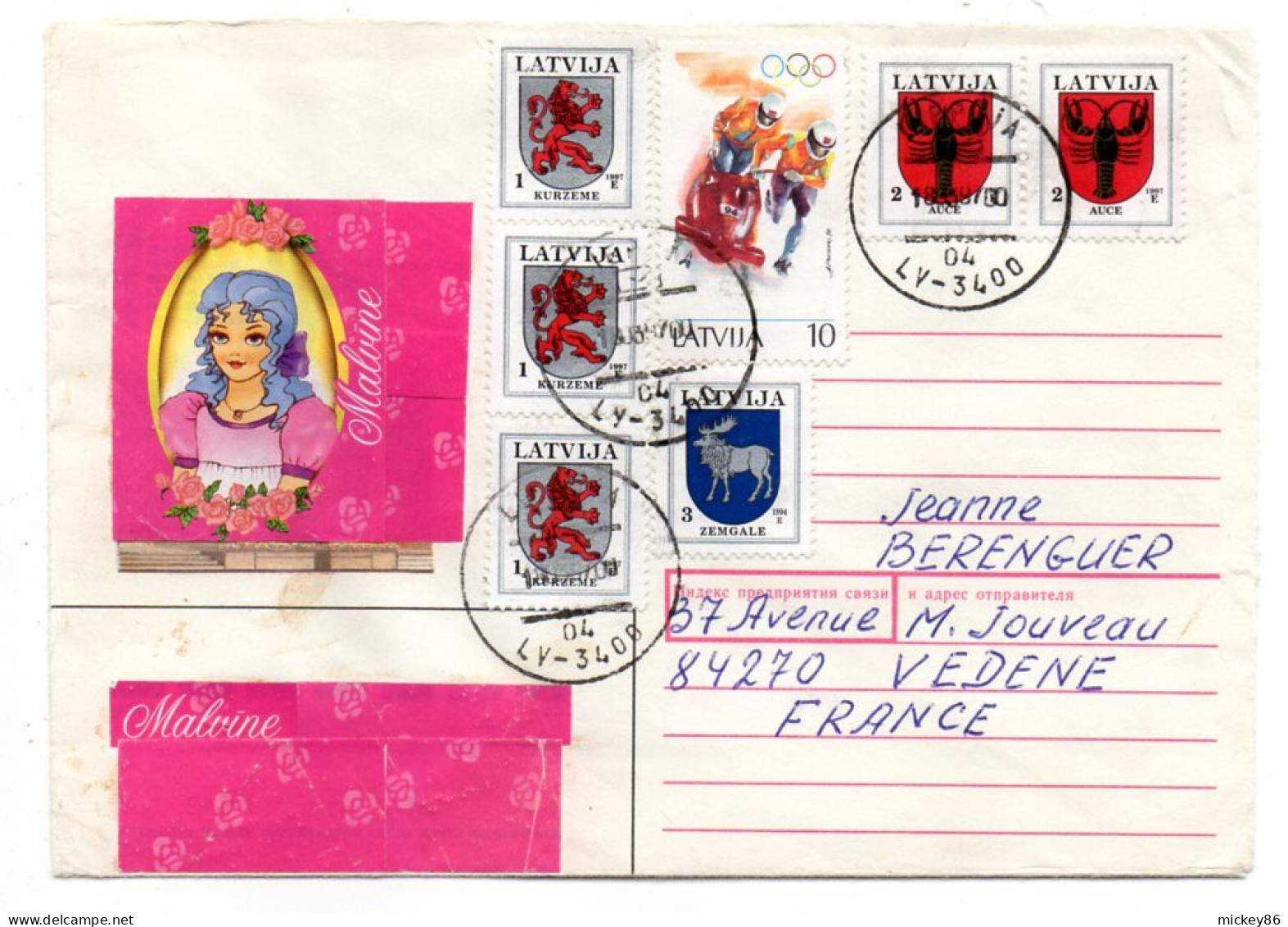 Lettonie---1997 --LIEPAJA  Pour VEDENE --84  (France)-- Timbres  Blason, Bobsleigh  JO ......cachet - Lettonia