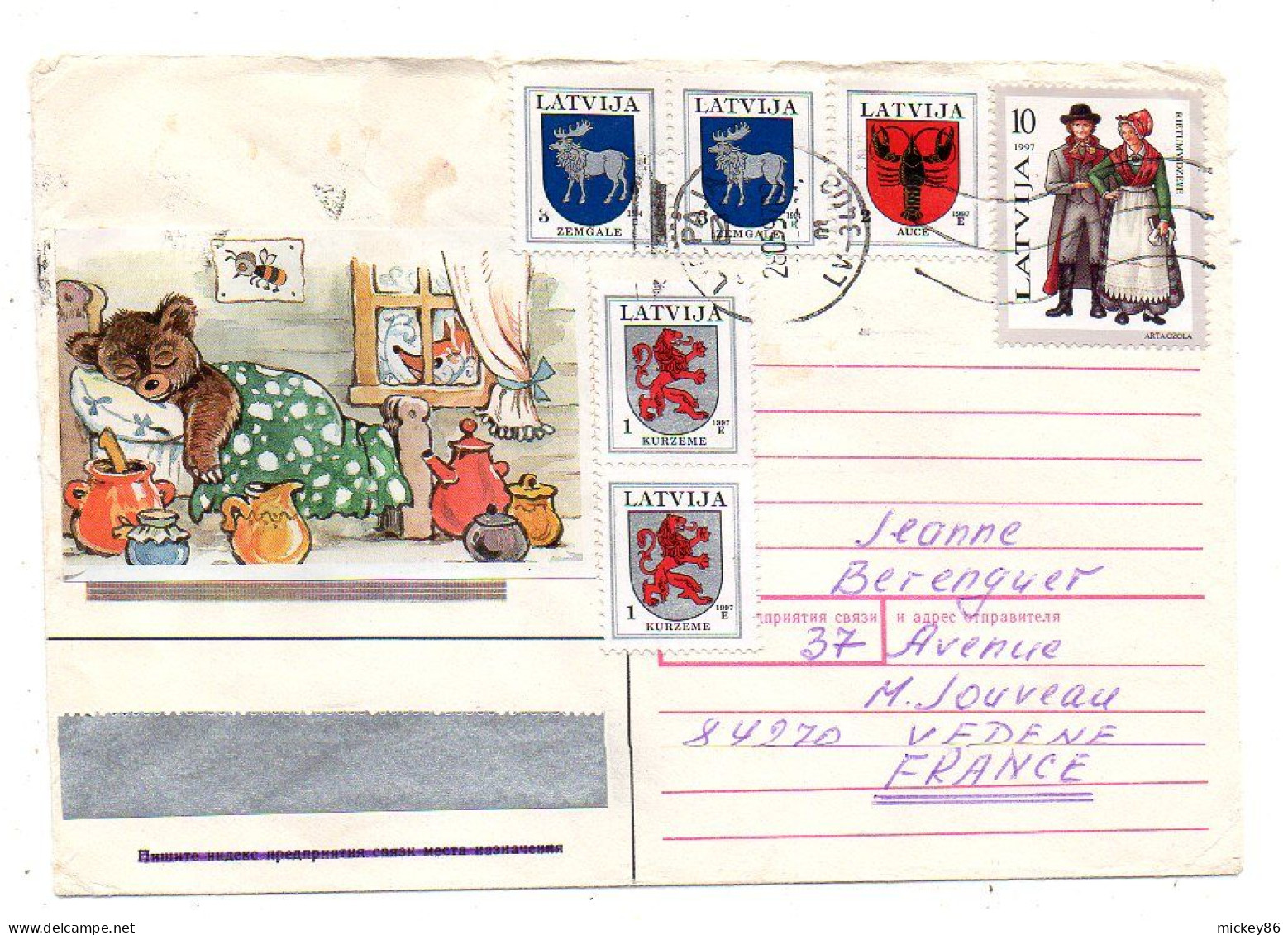 Lettonie---1997 --LIEPAJA  Pour VEDENE --84  (France)-- Timbres  Blason,costumes,ours En Peluche  ......cachet - Lettonia