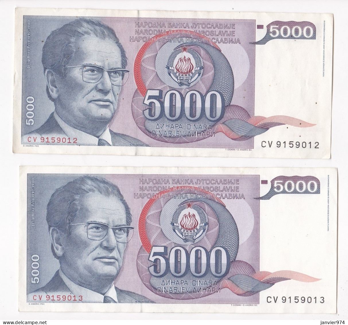 Yougoslavie 4 Billets 5000 Dinara 1985 , Numéro Qui Se Suive, CV 9159012 – 91599013 – 9159014 – 9159015,  TTB+ - Yugoslavia