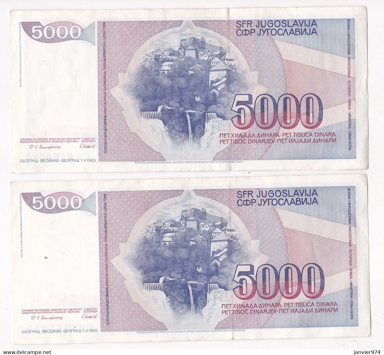 Yougoslavie 4 Billets 5000 Dinara 1985 , Numéro Qui Se Suive, CV 9159012 – 91599013 – 9159014 – 9159015,  TTB+ - Yougoslavie