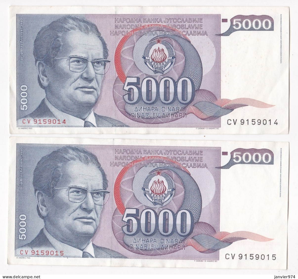 Yougoslavie 4 Billets 5000 Dinara 1985 , Numéro Qui Se Suive, CV 9159012 – 91599013 – 9159014 – 9159015,  TTB+ - Yougoslavie