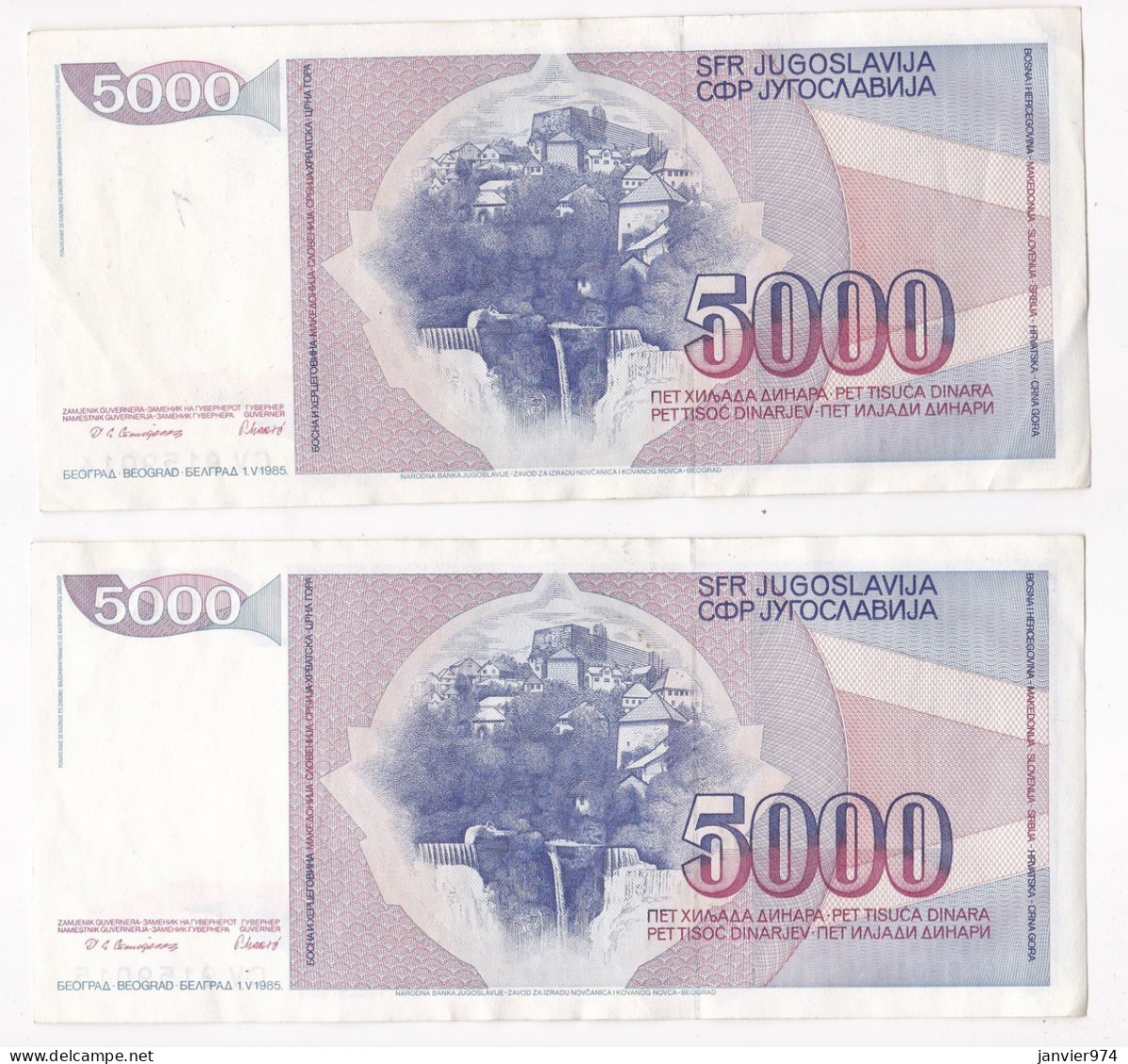 Yougoslavie 4 Billets 5000 Dinara 1985 , Numéro Qui Se Suive, CV 9159012 – 91599013 – 9159014 – 9159015,  TTB+ - Yougoslavie
