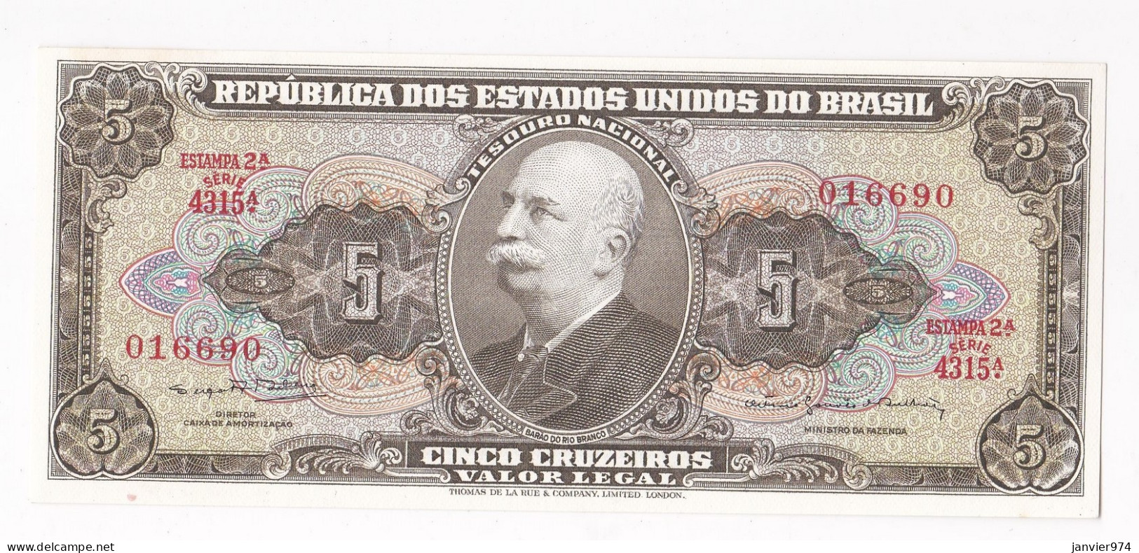 Brésil 5 Cruzeiros , Serie 4315 A, N° 016690, UNC - Brésil