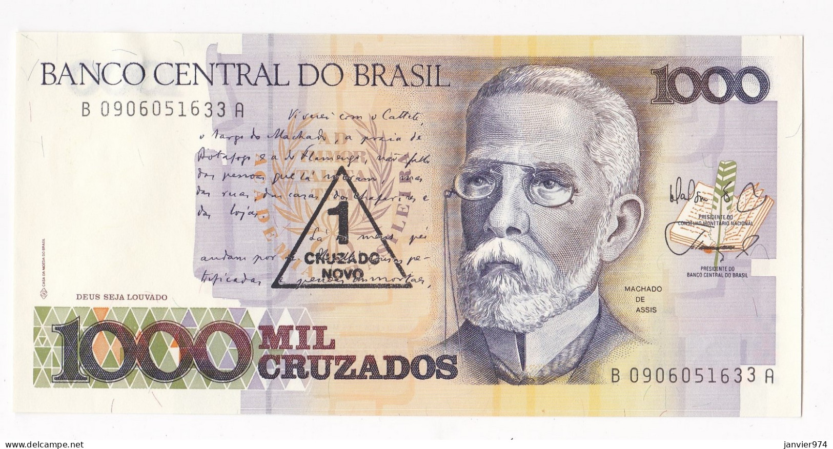 Brésil 1000 Cruzeiros Surcharge 1 Cruzado Novo, N°  B 0906051633 A, UNC - Brasile