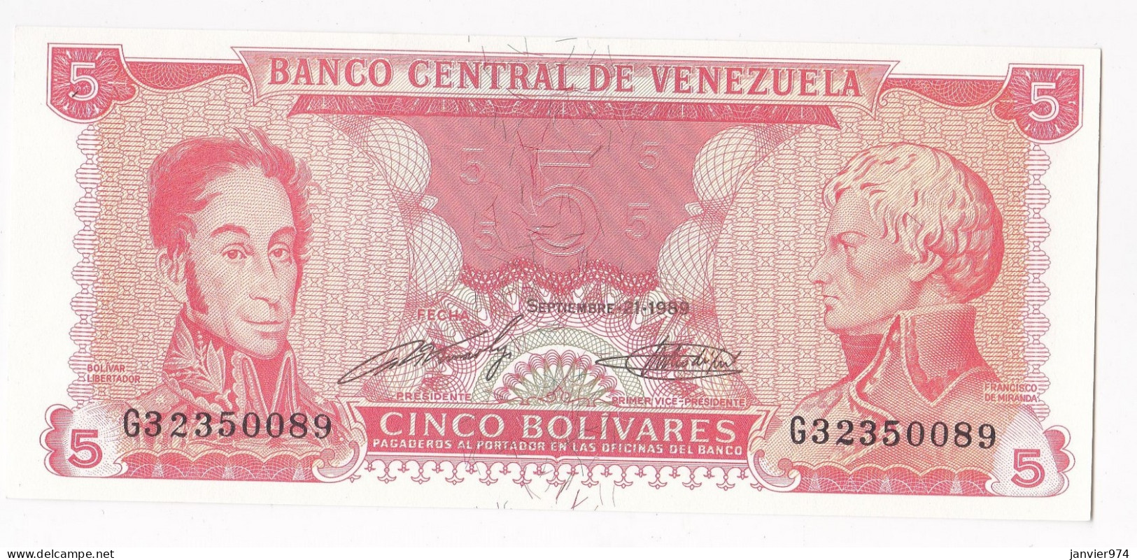 Venezuela 5 Bolivares 1989, N° G 32350089, UNC - Venezuela