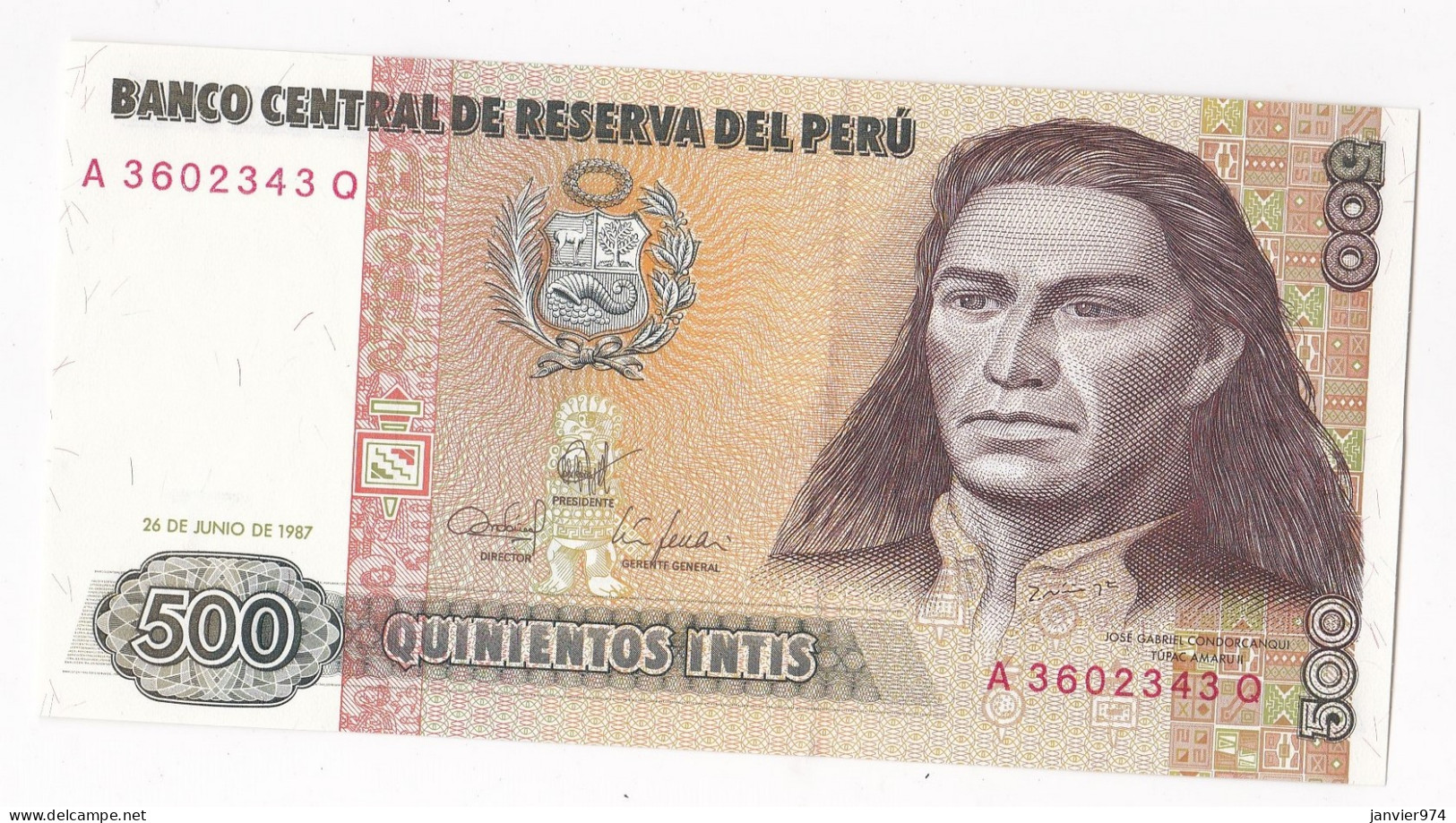 Perou 500 Intis 1987, N° A 3602343 Q, UNC - Perù