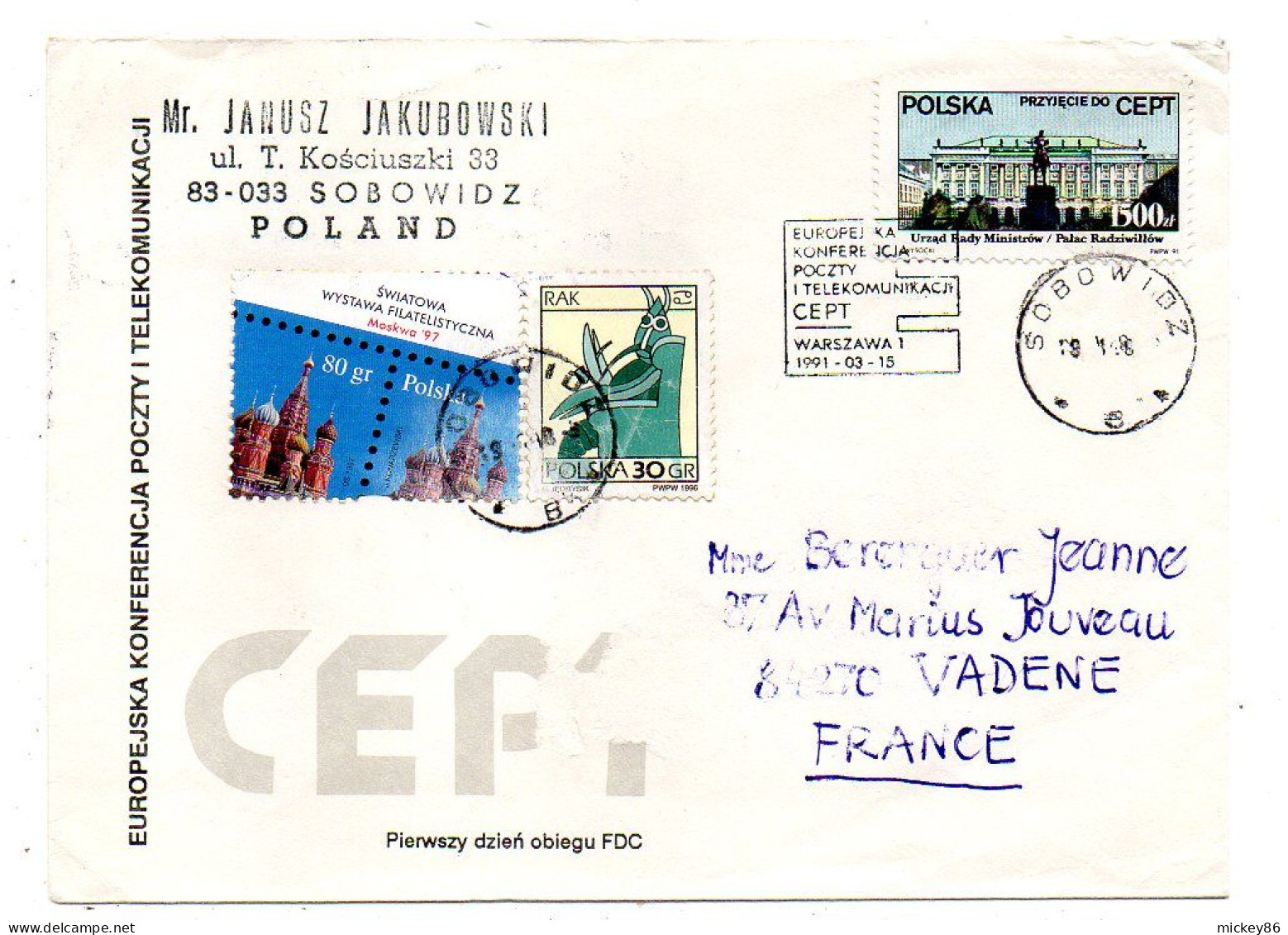 Pologne--1997--- SOBOWIDZ  Pour VEDENE --84  (France)-- Timbres Divers    ......cachet - Covers & Documents