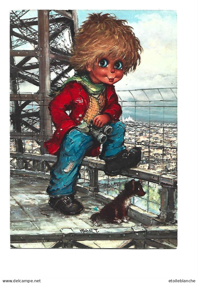 PARIS - Monsieur Tour Eiffel, Dessin Michel Thomas, Enfant 'Poulbot' - Touriste Avec Son Chien Jumelles Vue - Thomas