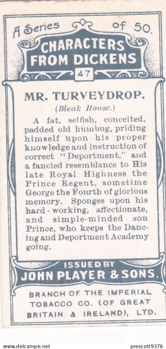 Characters From Dickens 1923 - Players Cigarette Cards - 47 Mr Turvydrop, Bleak House - Player's