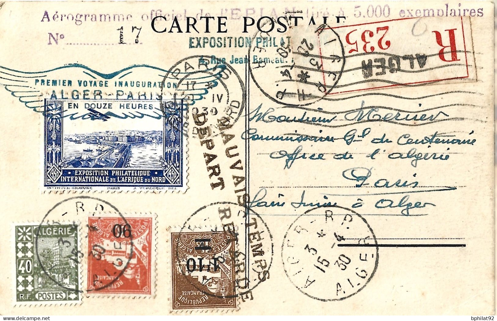 !!! ALGERIE, CARTE POSTALE DE L'EXPO INTERNATIONALE AFR DU NORD RECOMMANDÉE AVEC GRIFFE "MAUVAIS DÉPART" - Airmail