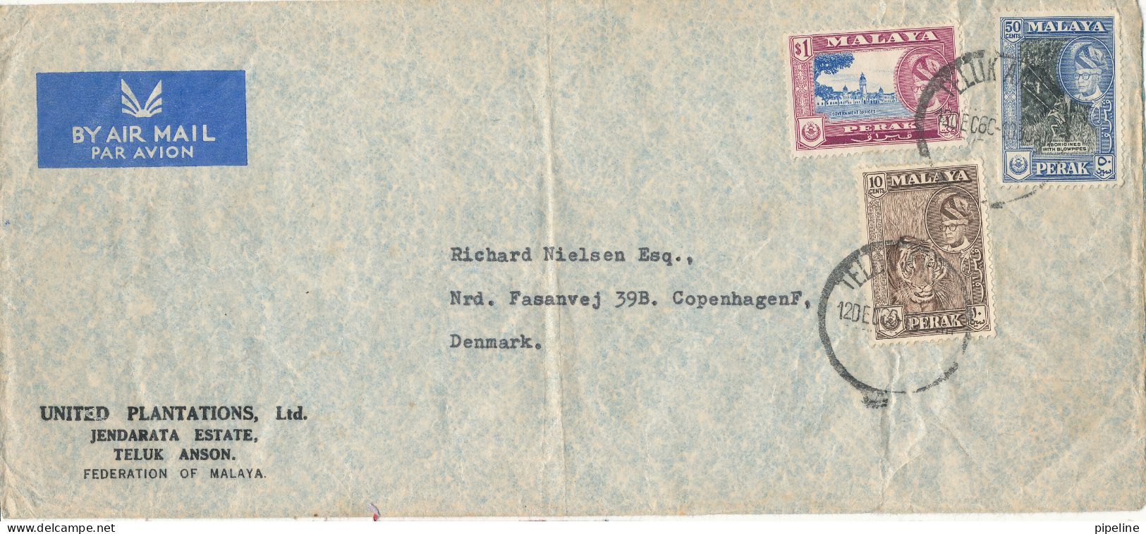 Malaya Air Mail Cover Sent To Denmark 12-12-1960 See The Backside Of The Cover - Malayan Postal Union