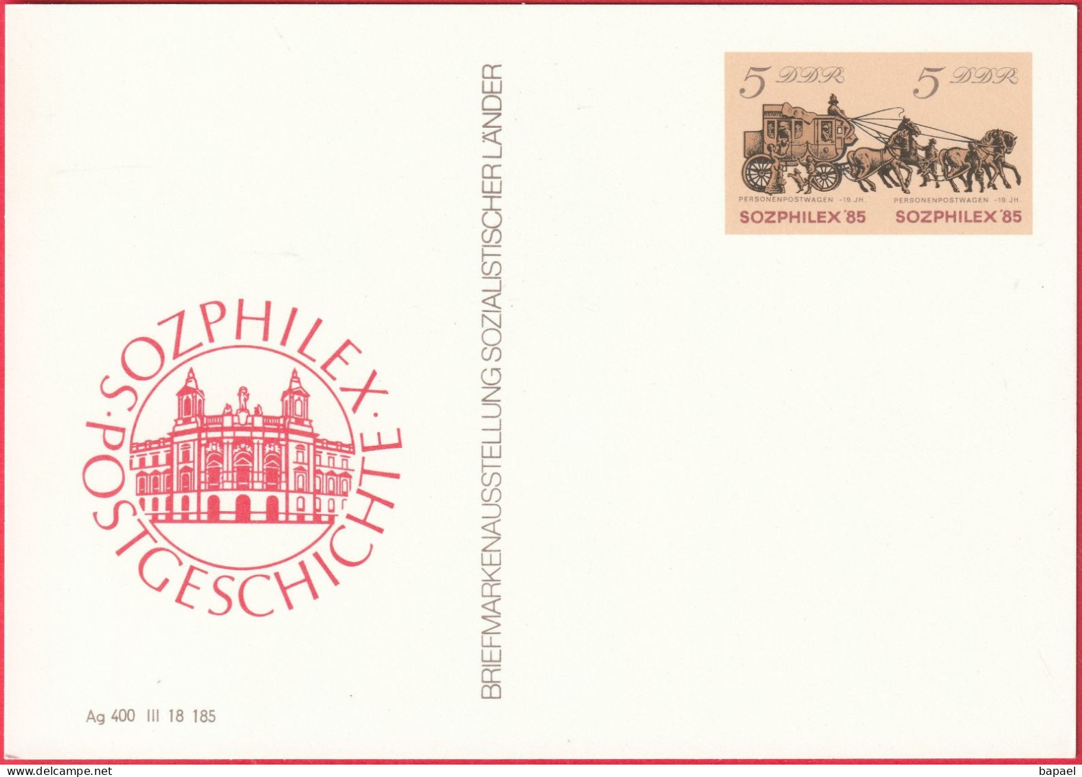 CP - Entier Postal (Allemagne - DDR) - Exposition Mondiale - Sozphilex'85 - Voitures Postales à Passagers (19è) - Cartes Postales - Neuves