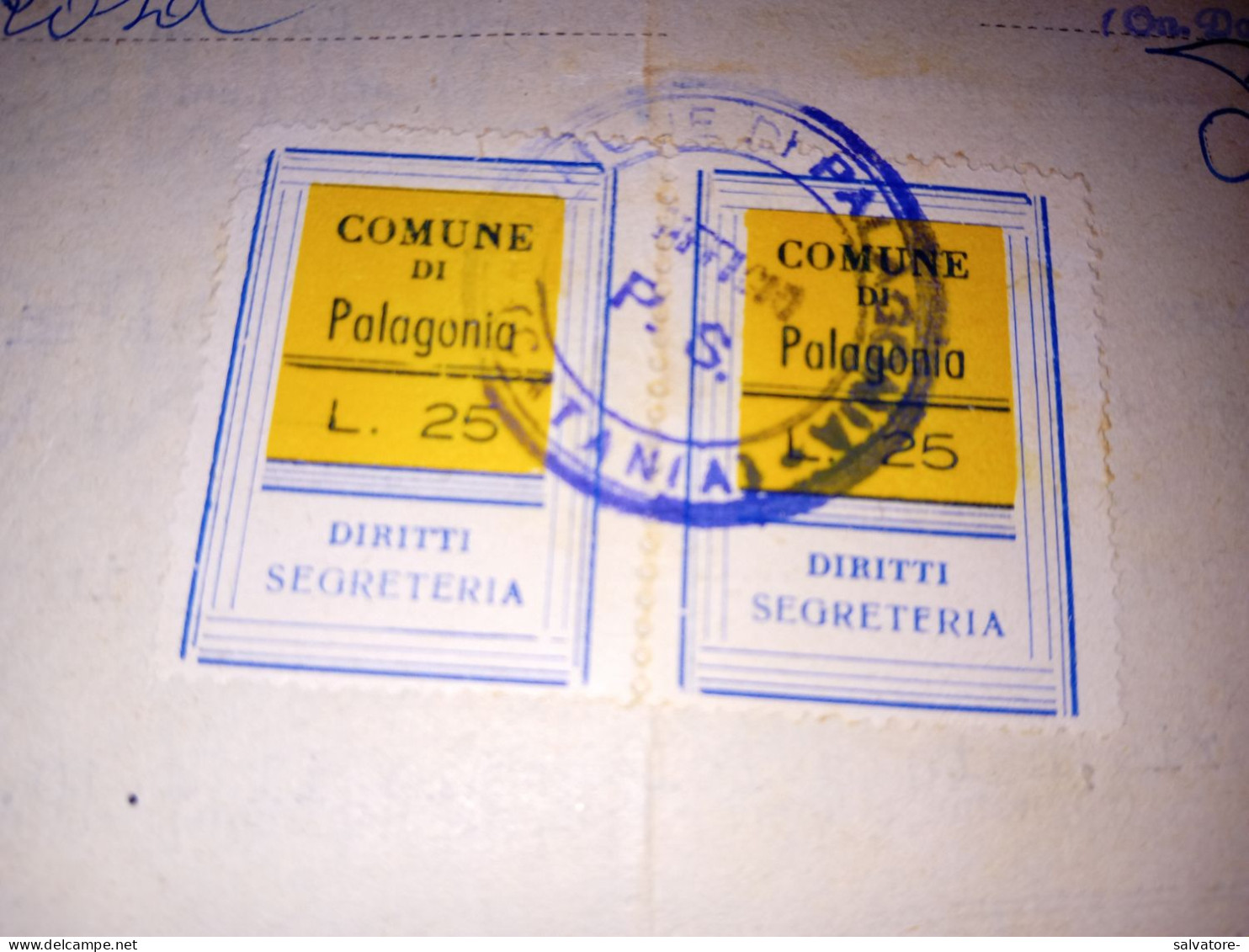 COPPIA MARCHE DA BOLLO COMUNE DI PALAGONIA DA 25 LIRE -1965 - Fiscali