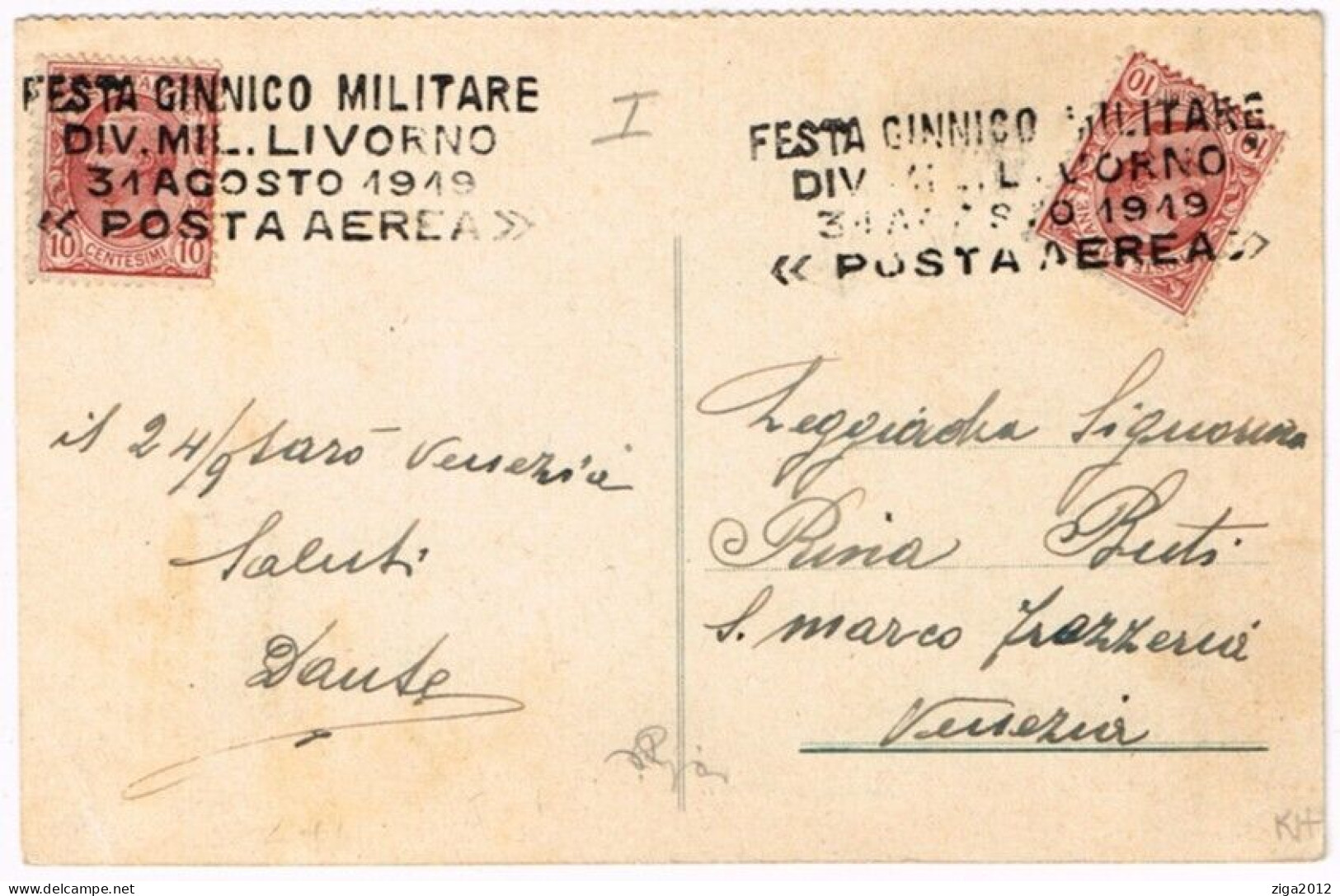 PRIMO VOLO LIVORNO FESTA GINNICO MILITARE CARTOLINA 31/08/1919 - Storia Postale (Posta Aerea)