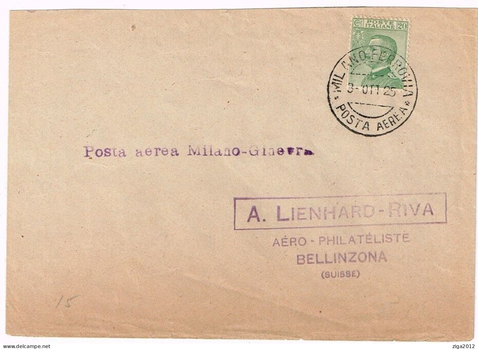 REGNO D'ITALIA PRIMO VOLO MILANO - GINEVRA 1925 - Storia Postale (Posta Aerea)