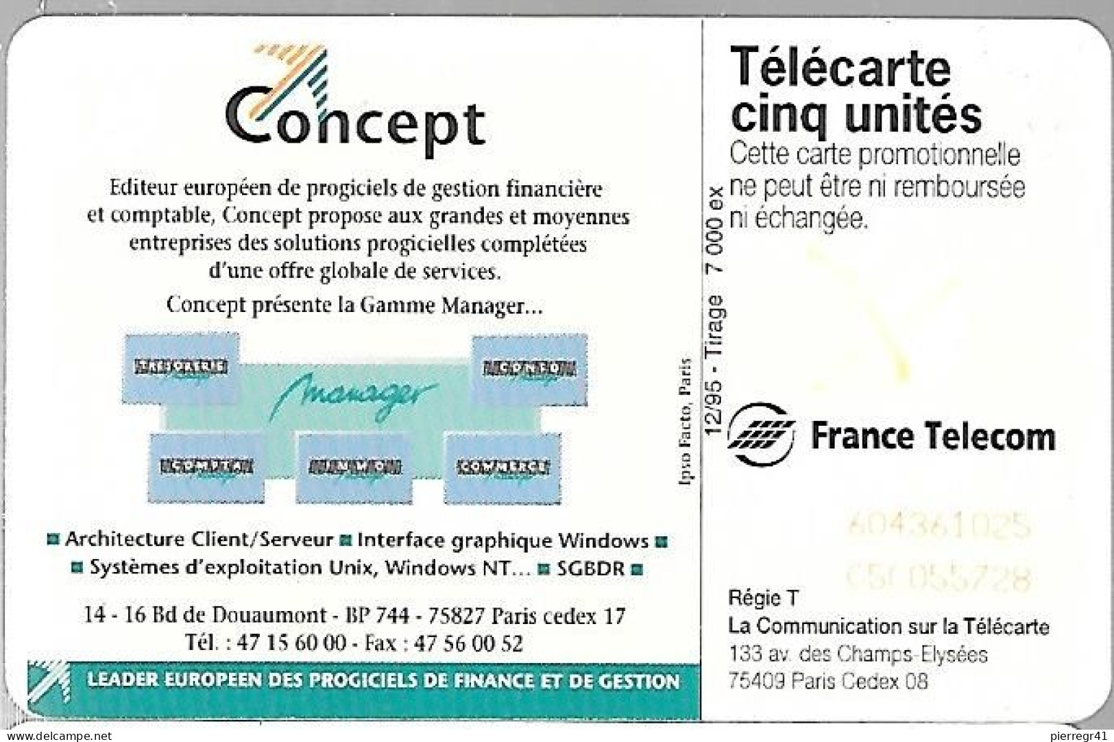 CARTE-PRIVEE-5U-Gn208-12/95-SC7-CONCEPT-V°A-Série DN° Gros Rge C5C055728-Utilisé-TBE - 5 Unités