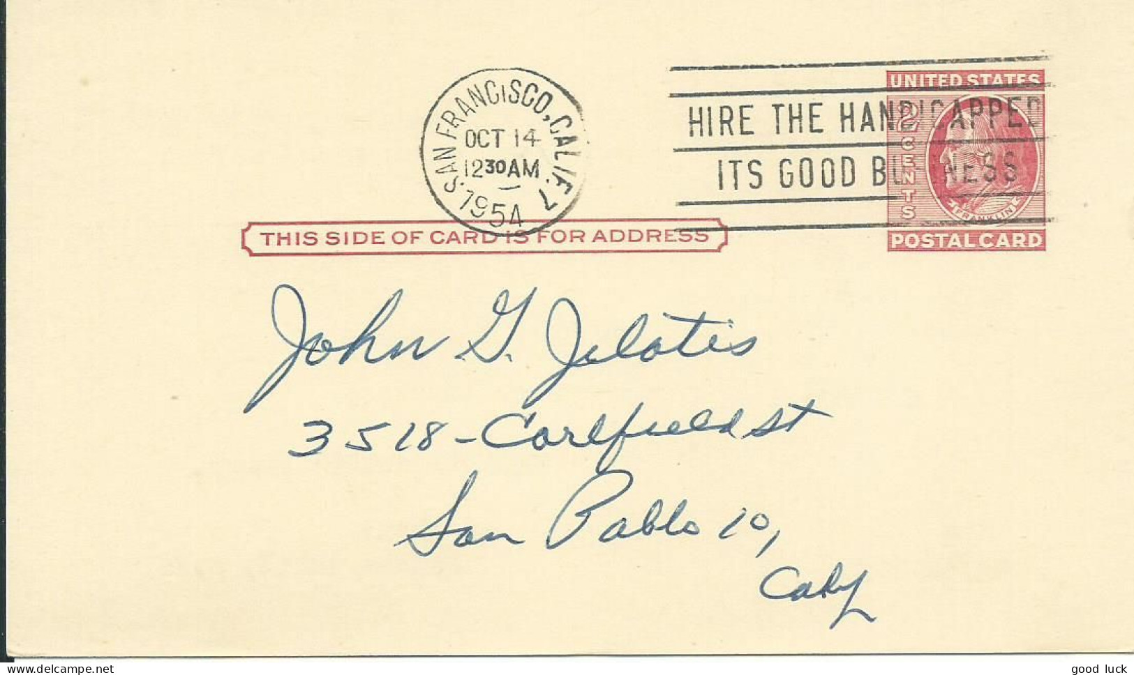 ETATS UNIS ENTIER 2c SAN FRANCISCO POUR SAN PABLO DE 1954 LETTRE COVER - 1941-60