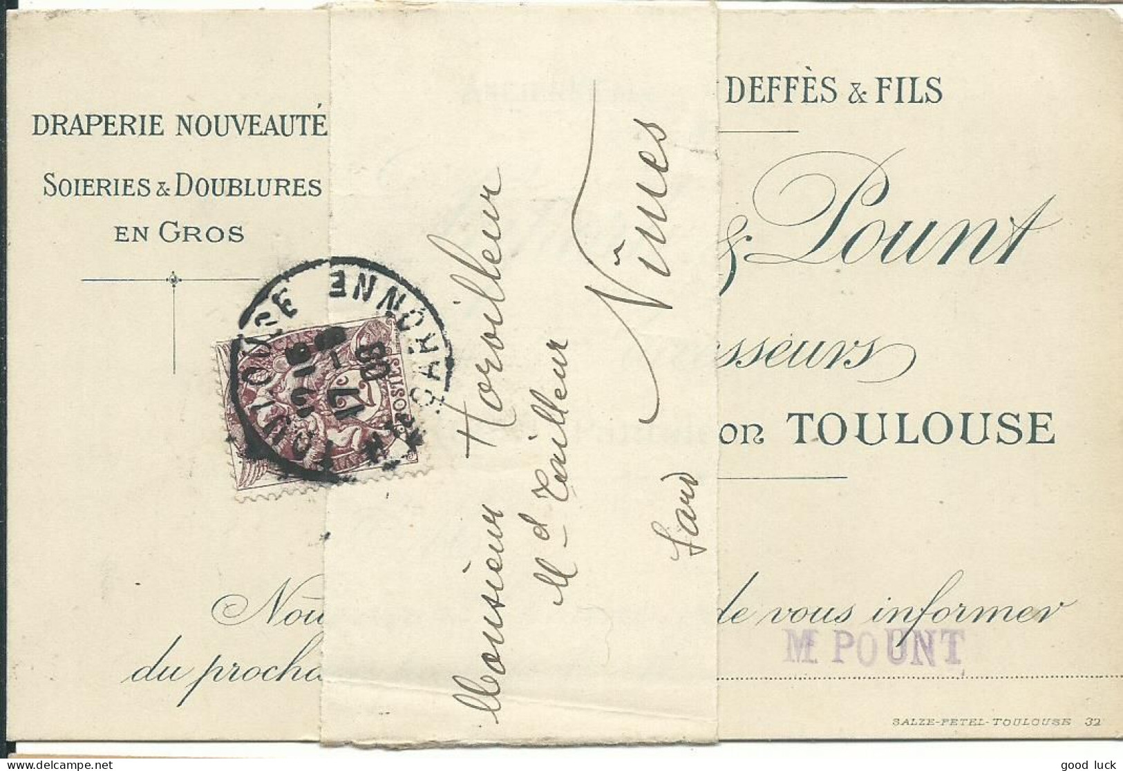 FRANCE CARTE DE VISITE SOUS BANDE 2c TOULOUSE ( HAUTE GARONNE ) POUR NIMES ( GARD ) DE 1908 LETTRE COVER - 1900-29 Blanc