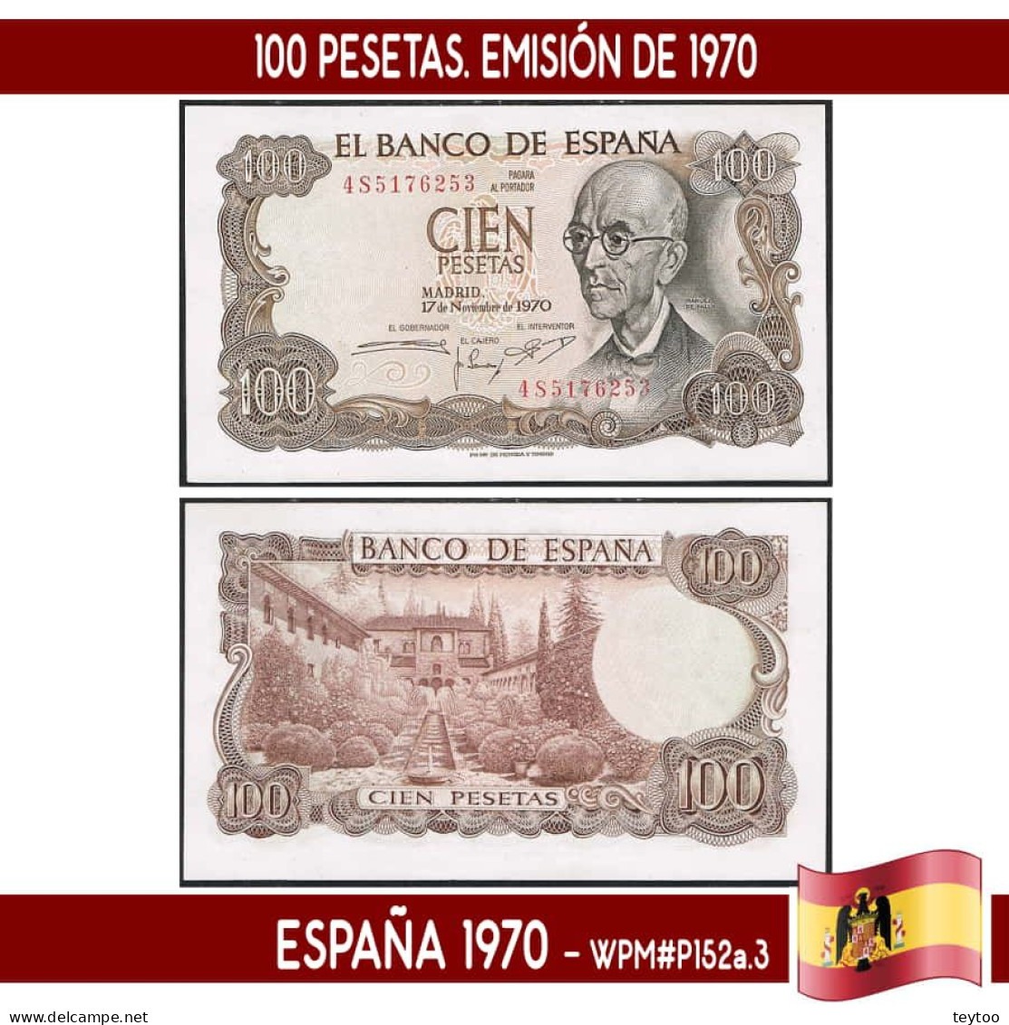 B1013# España 1970, 100 Pts. Emisión 1970 (UNC) WPM#P152a.3 - 100 Pesetas