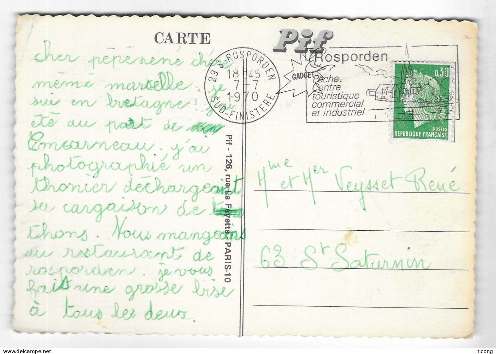 CORINNE ET JEANNOT DE TABARY, CARTE POSTAL PIF DE 1970, A VOYAGEE FLAMME ROSPORDEN SUD FINISTERE, MARIANNE DE CHEFFER - Corinne Et Jeannot